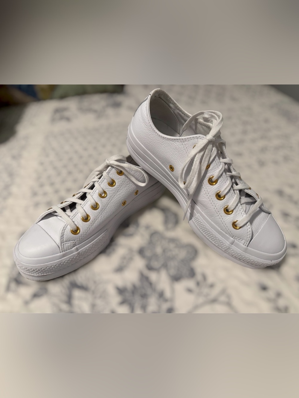 Converse White Low-Top Platform LEATHER Sneakers with Gold Tone Eyelets